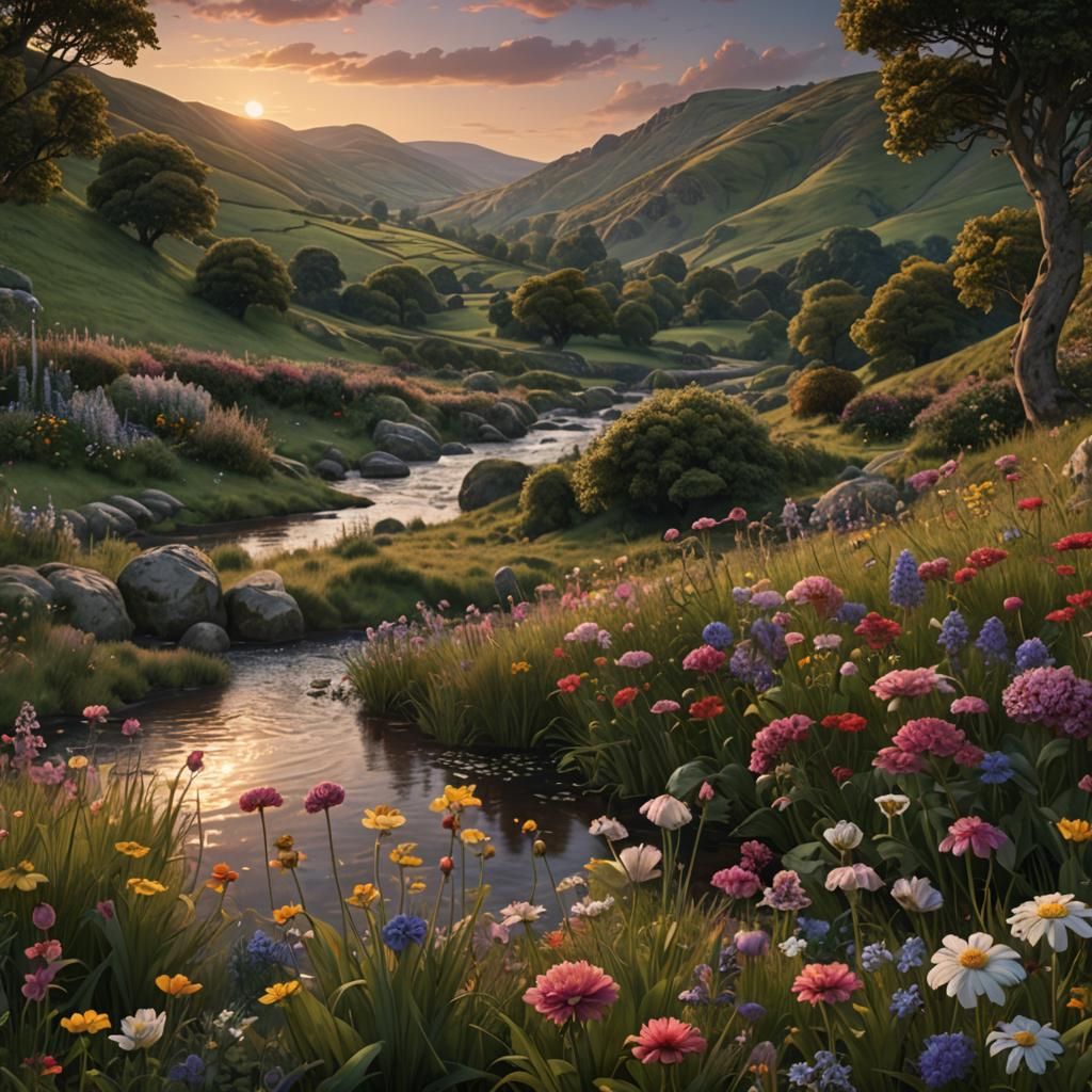 English Landscape in Deep Sunset: A Pre-Raphaelite Painting