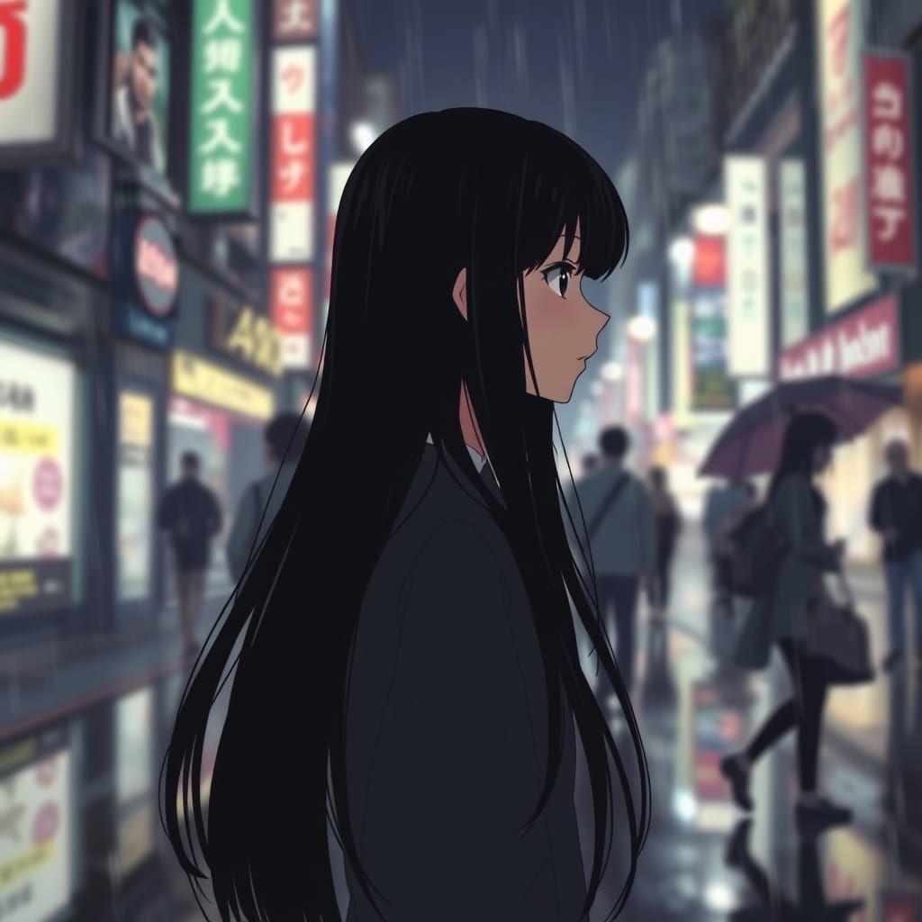 Anime Cityscape Silhouette on a Rainy Day