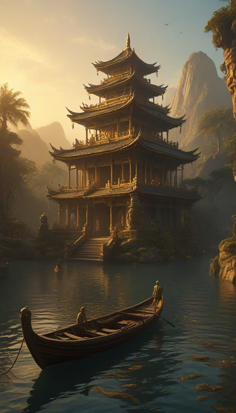 Man Approaching Snake Temple by Boat in Golden Hour