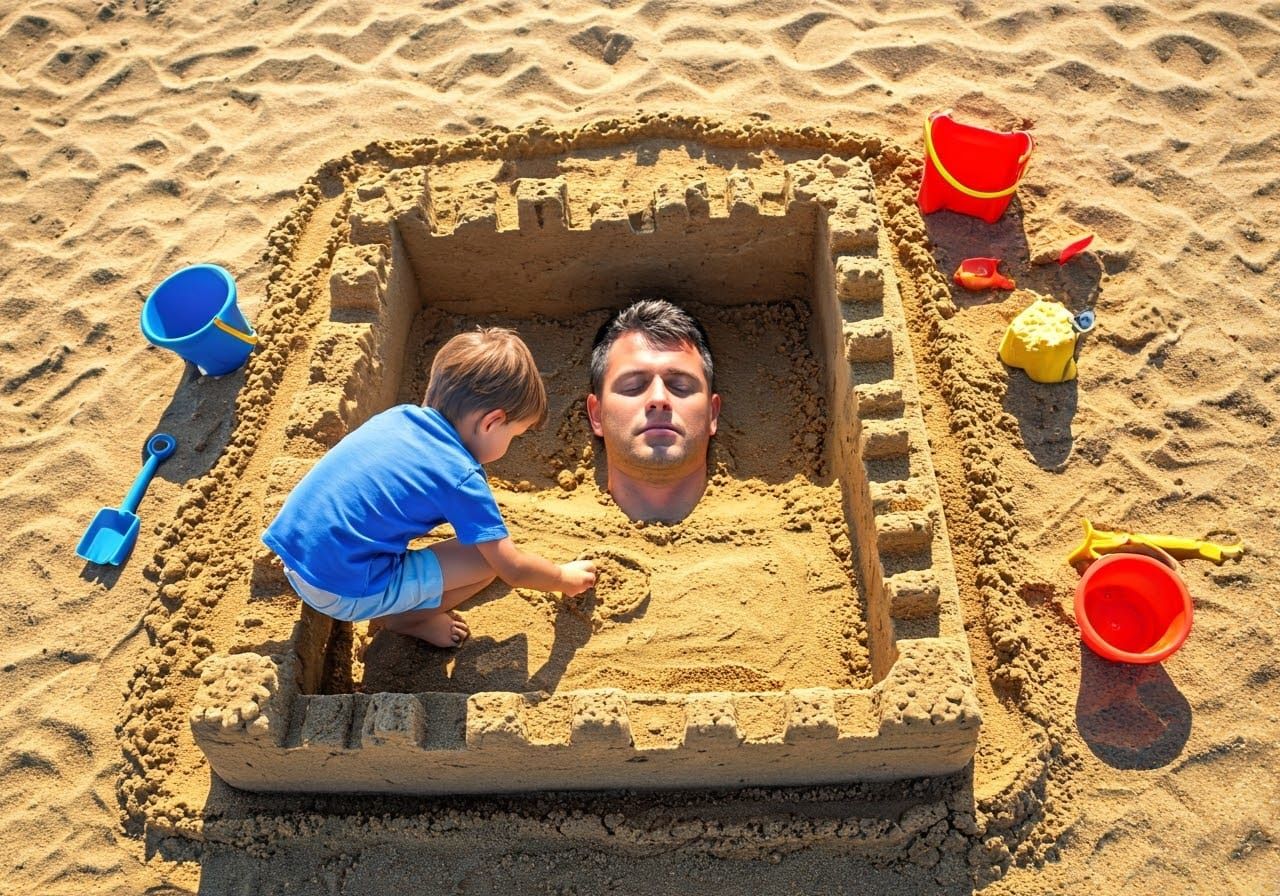 Child Builds Sandcastle Fortress Around Sleeping Father