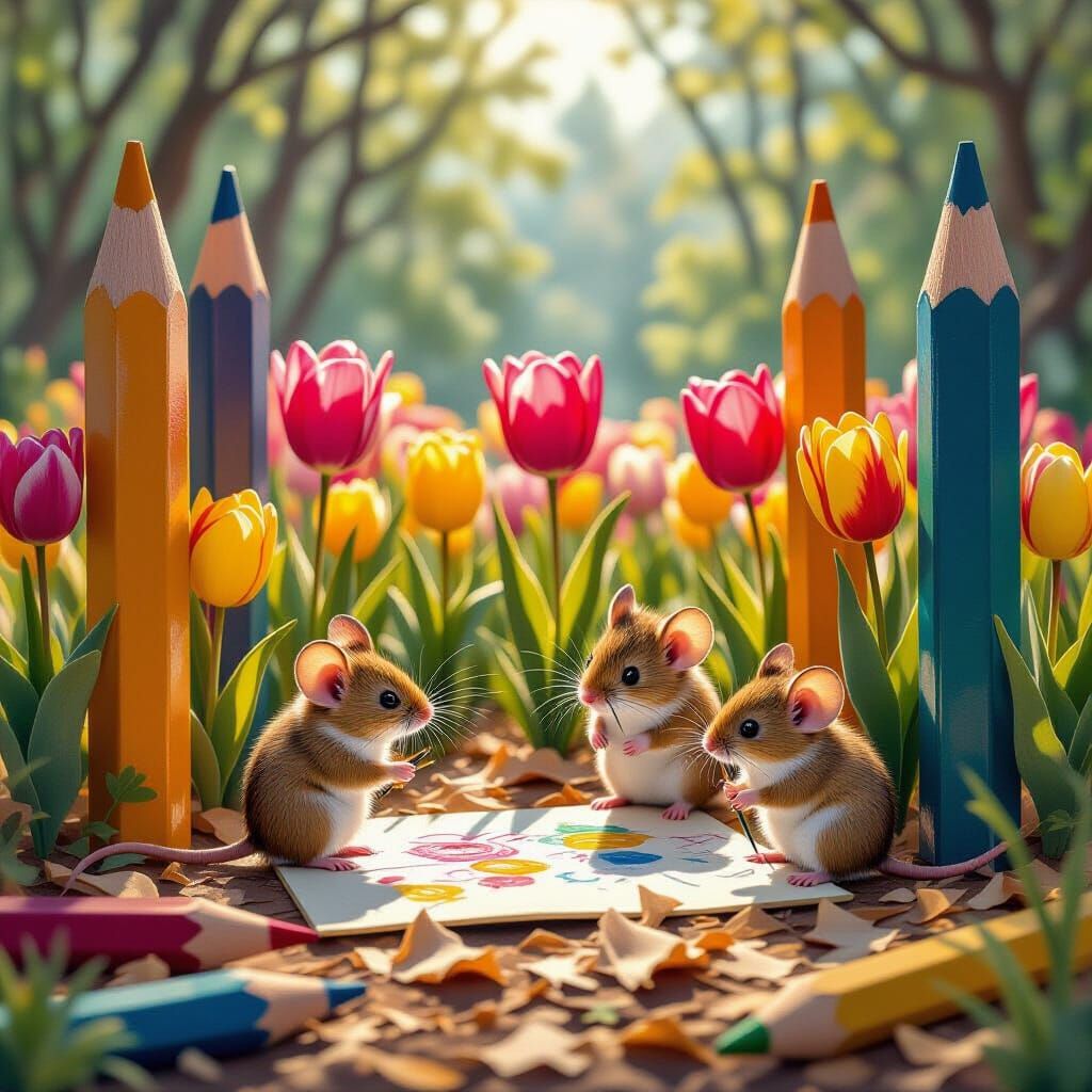 Mice Sketching Tulips in a Pencil Forest