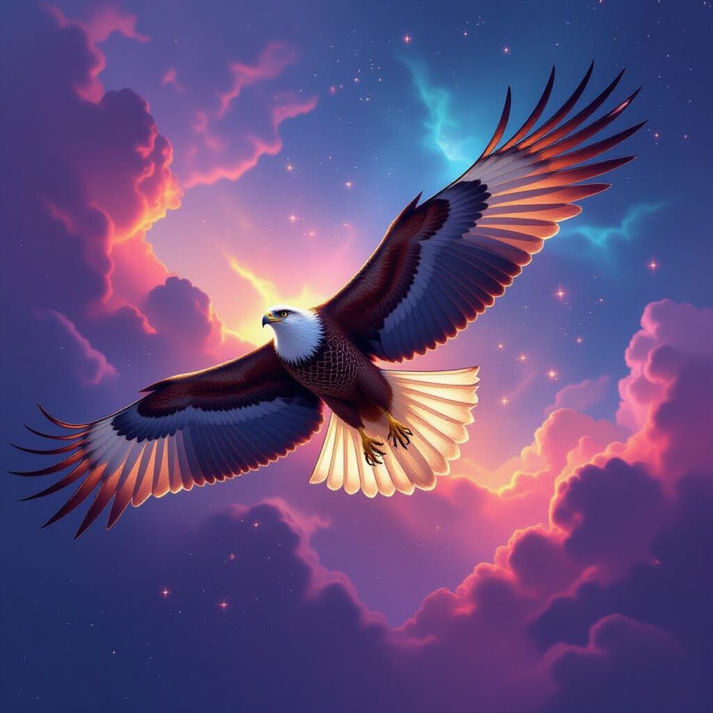 Majestic Hawk Soars Through Cosmic Nebula in Fantasy Art Sty...