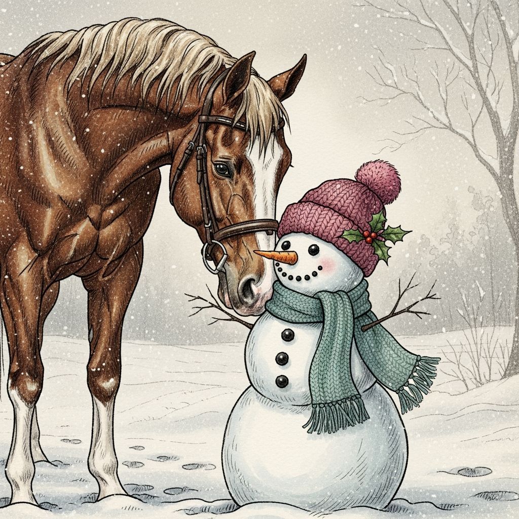 Vintage Holiday Scene: Horse and Snowman in Soft Light