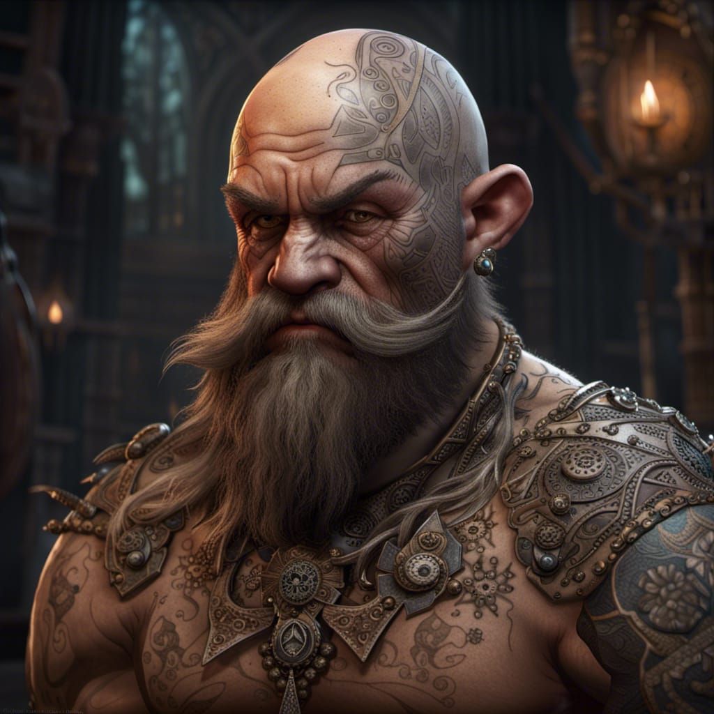 Bald Dwarf with Tribal Tattoos: Dark Fantasy Art