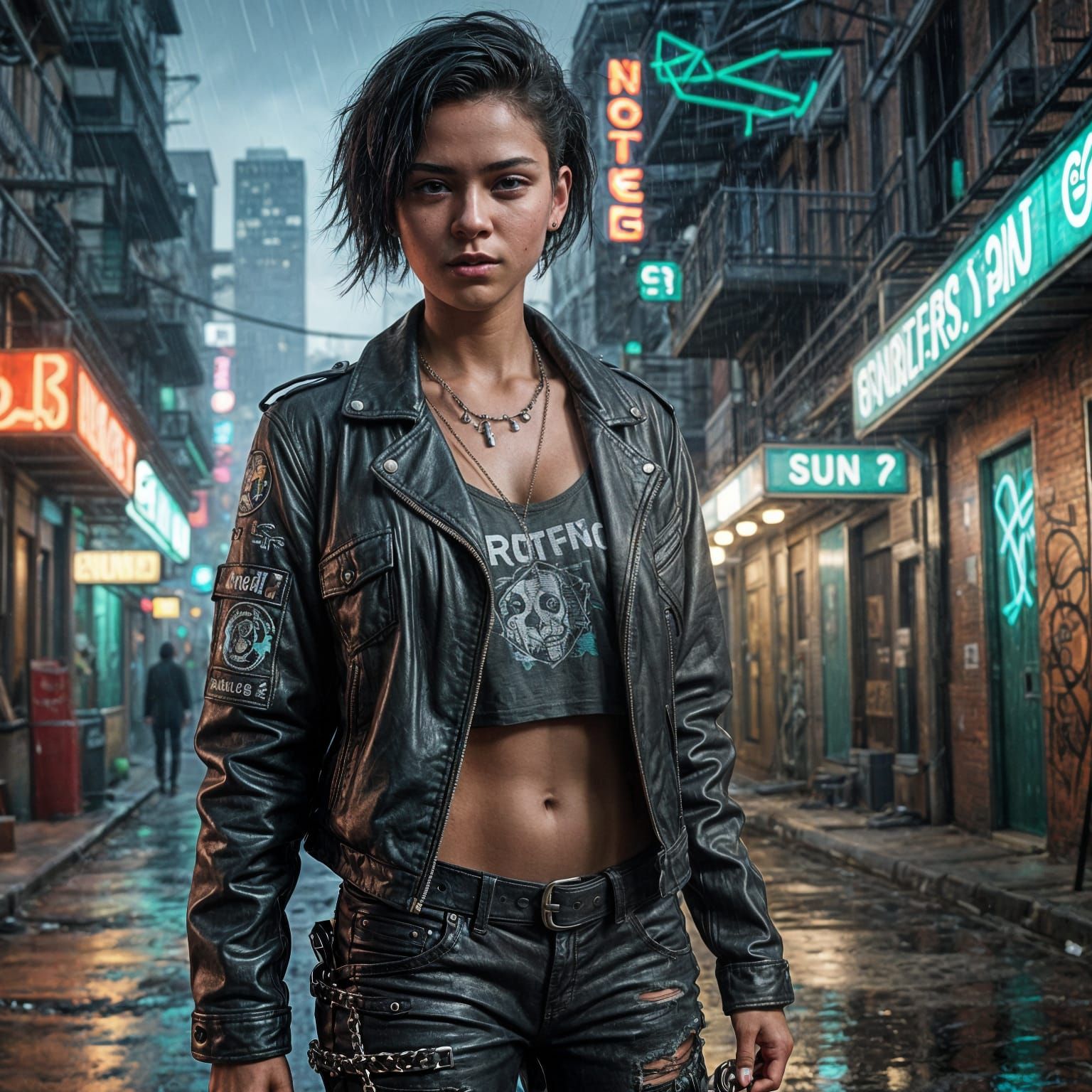 Cyberpunk Tomboy Singer in Rainy New Orleans Alley