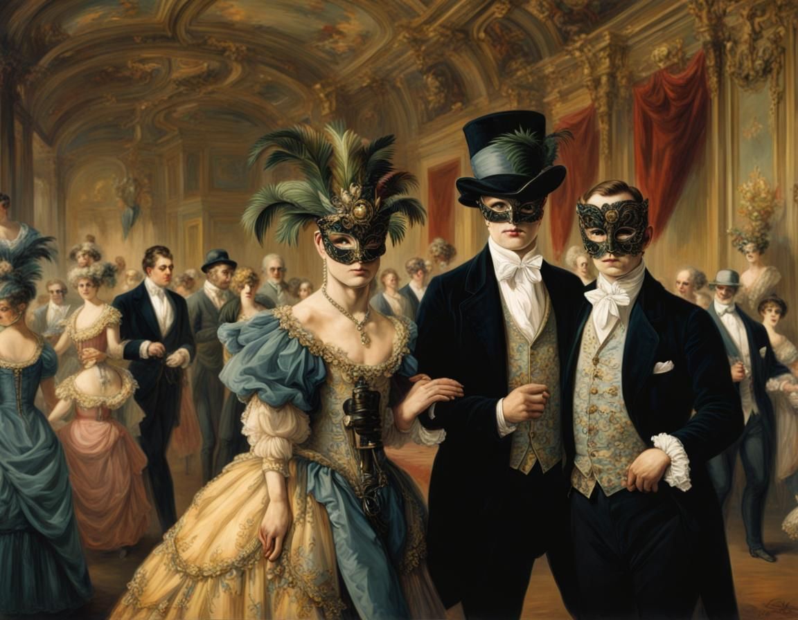 Masquerade Ball in Ballroom, Matania Style Portrait