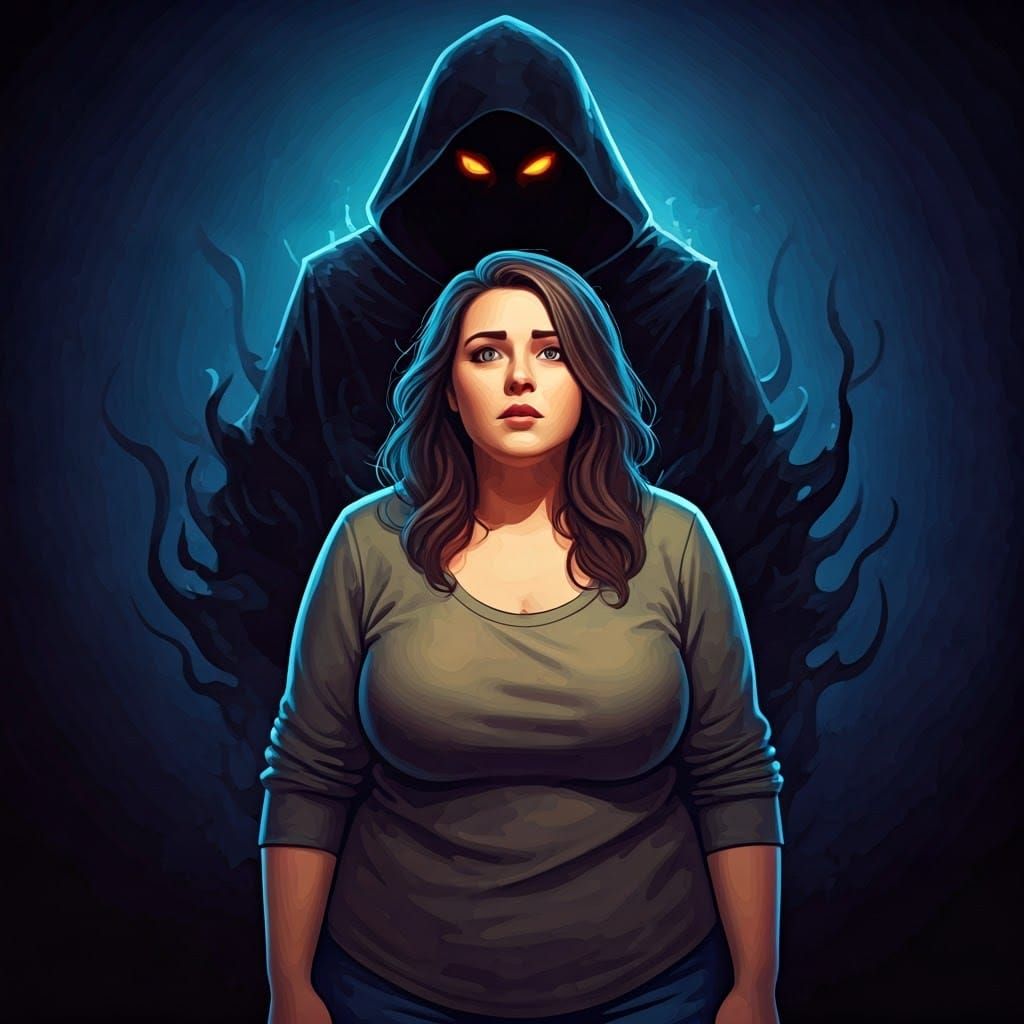 Eerie Spectral Figure Looming Over Stressed Woman
