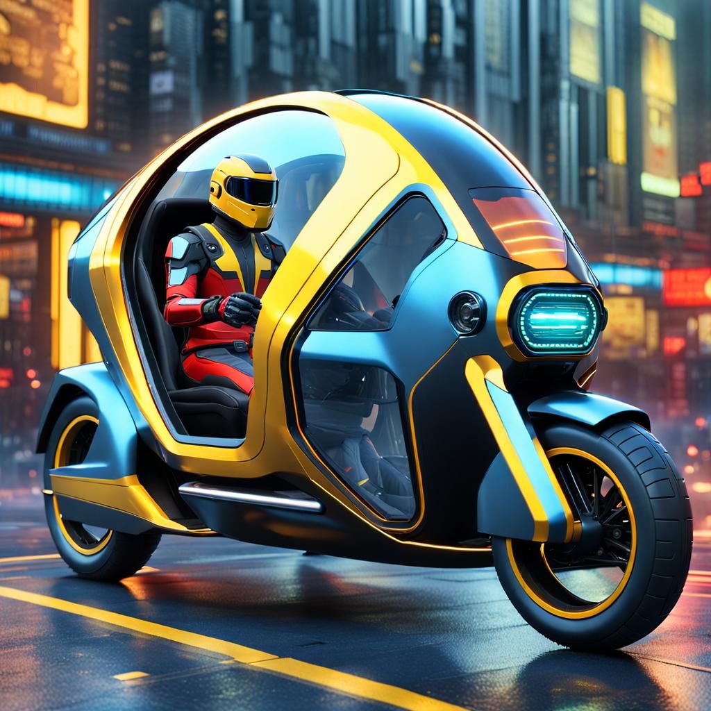 Futuristic Enclosed Tandem Motorcycle in Sci-Fi Style