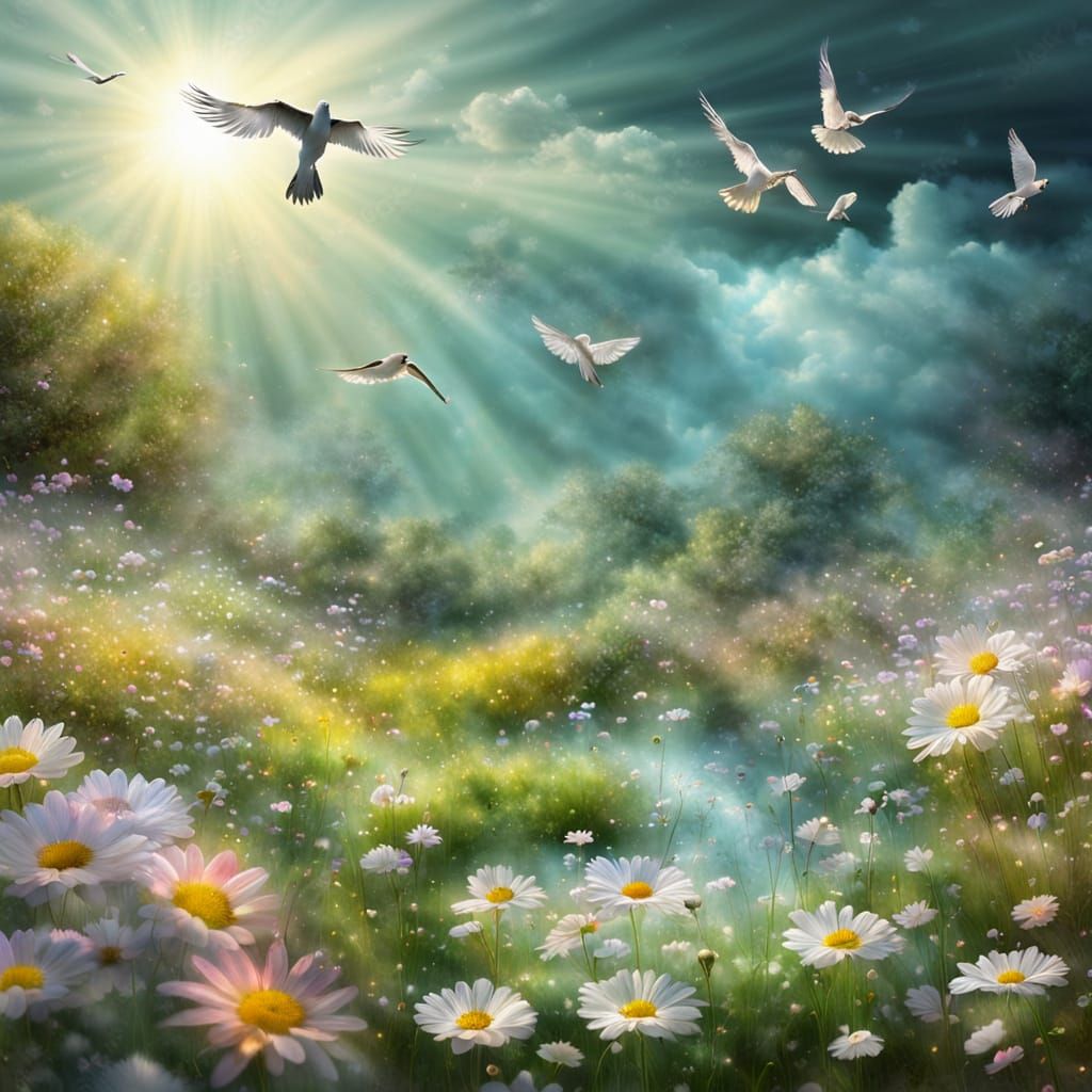 Whimsical Glow-in-the-Dark Birds Soar Over a Celestial Meado...