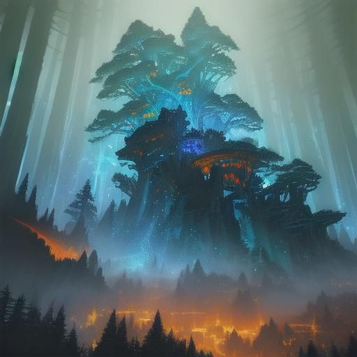 Grunge Rockstar in Mystical Forest, Anime Art Nouveau