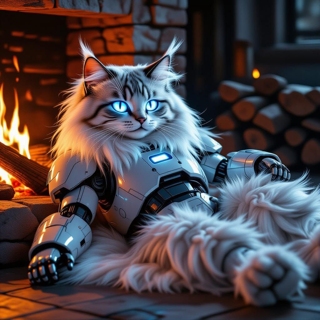 Fluffy Robot Cat Relaxing by Log Fire in Futuristic Style
