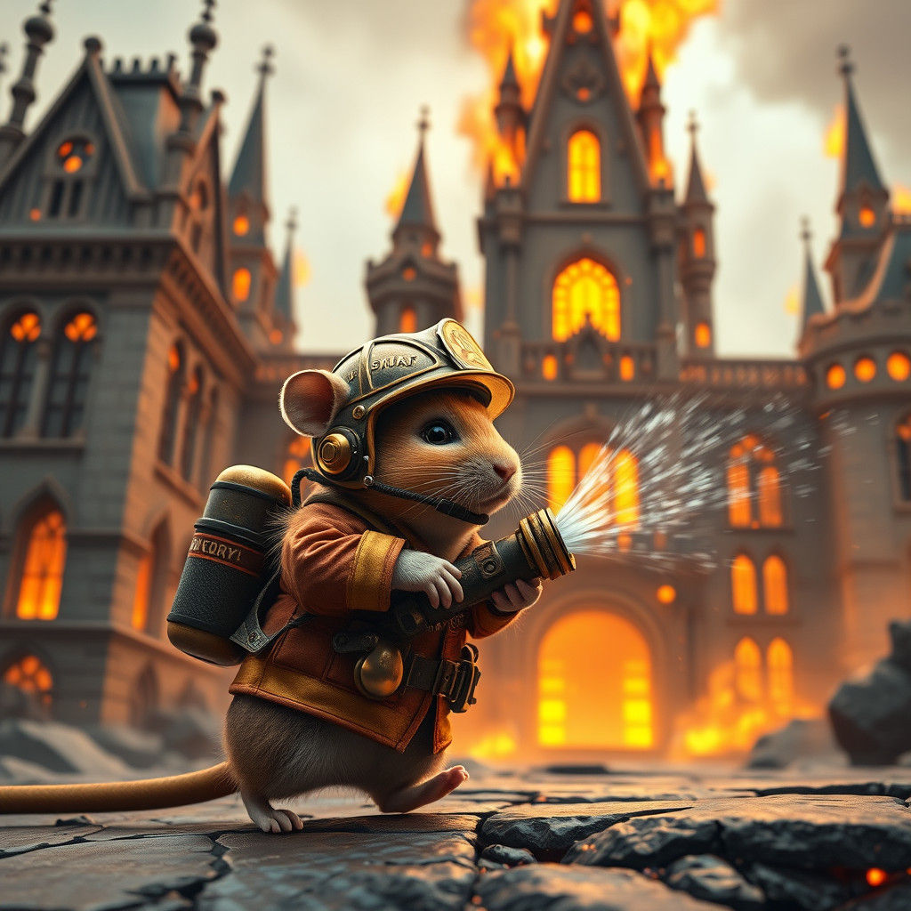 Hamster Firefighter in Burning Gothic City