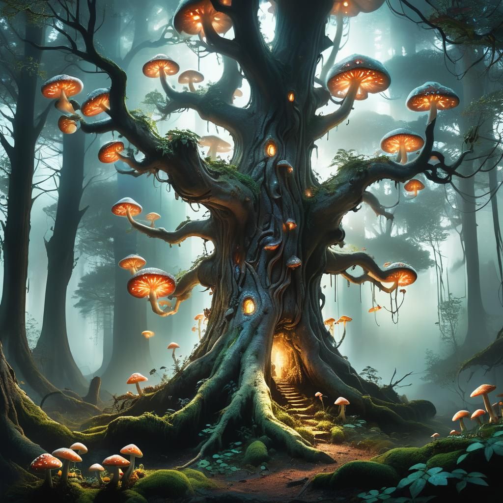 Glowing Mushroom Forest with Ancient Tree