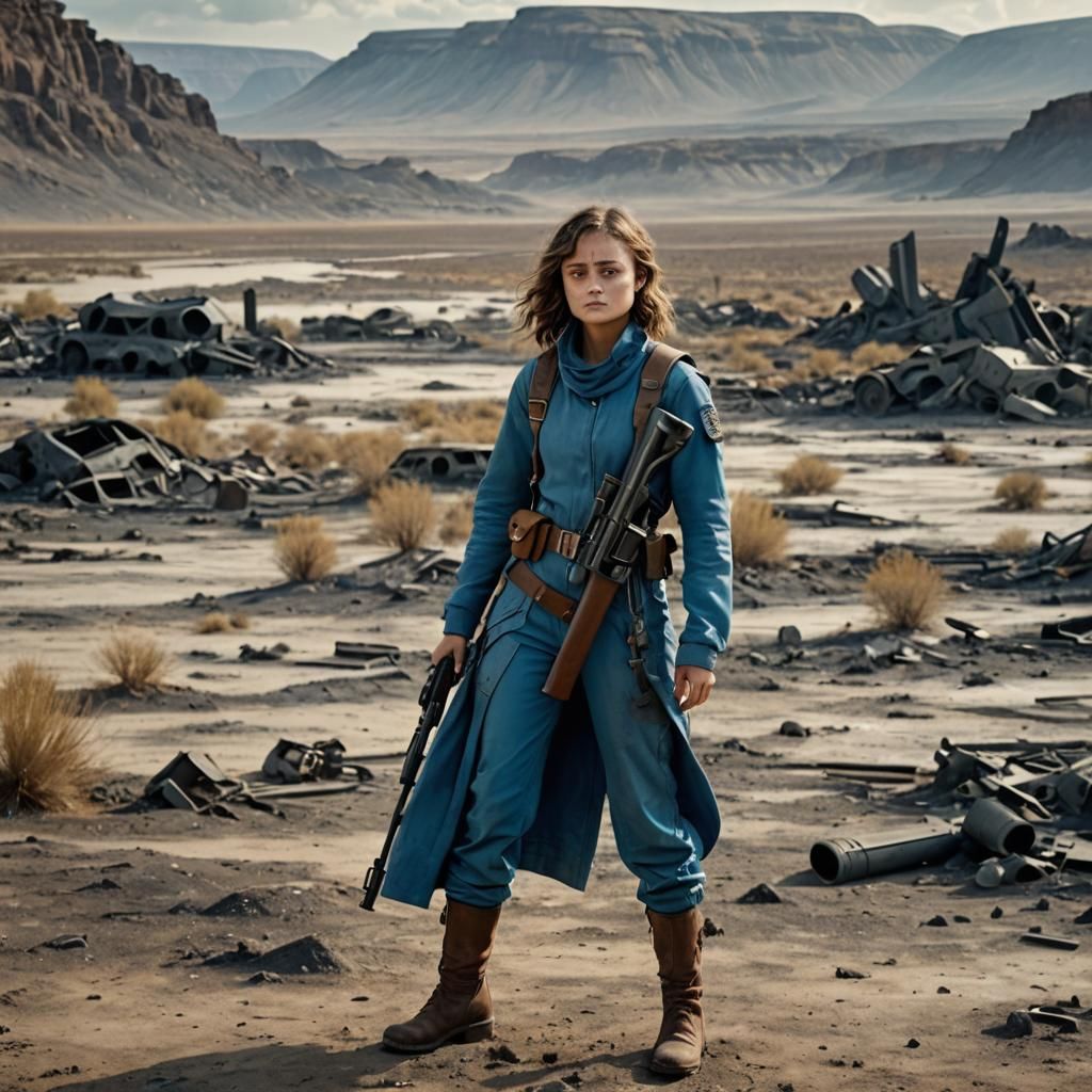 Woman in Post-Apocalyptic Landscape with Blaster