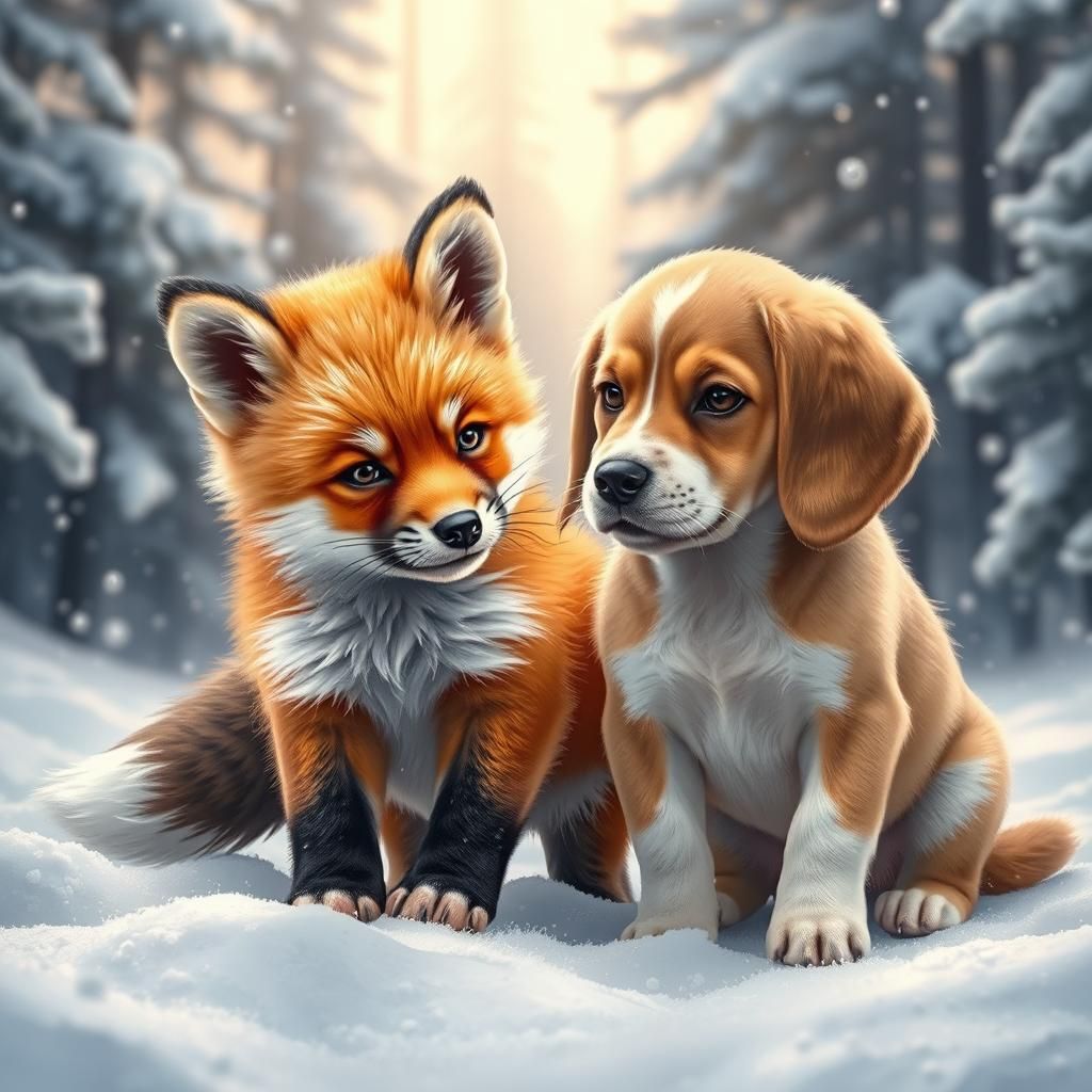 Fox and Beagle Puppies Play in Winter Wonderland