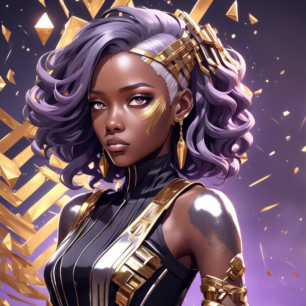 Anime Style: African American Woman with Purple Hair