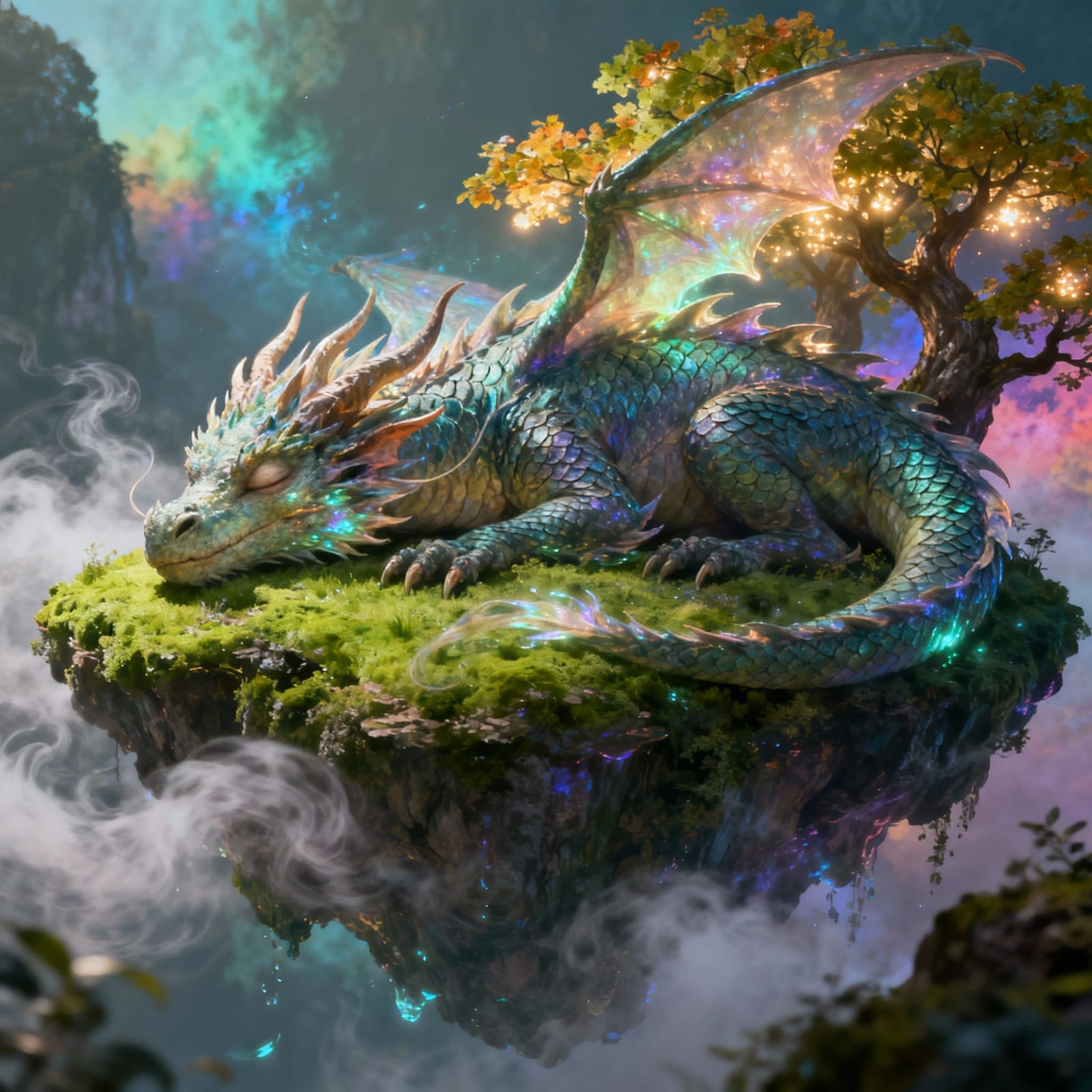 Majestic Dragon Sleeps on Ethereal Floating Island