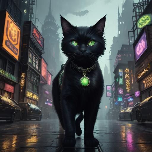 Black Cat in Vibrant Fantasy Cityscape Concept Art