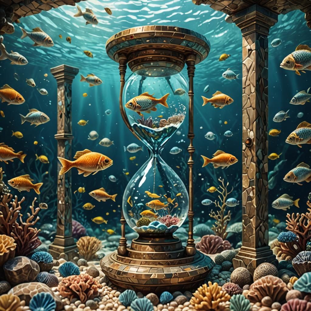 Underwater Hourglass with Fish: Mosaic Mixed Media