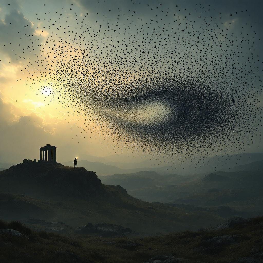 Starlings Murmuration at Twilight, Photorealistic CGI