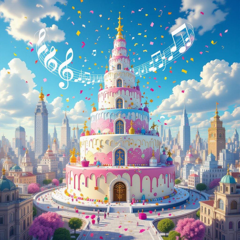 Whimsical Cake Cityscape with Musical Notes