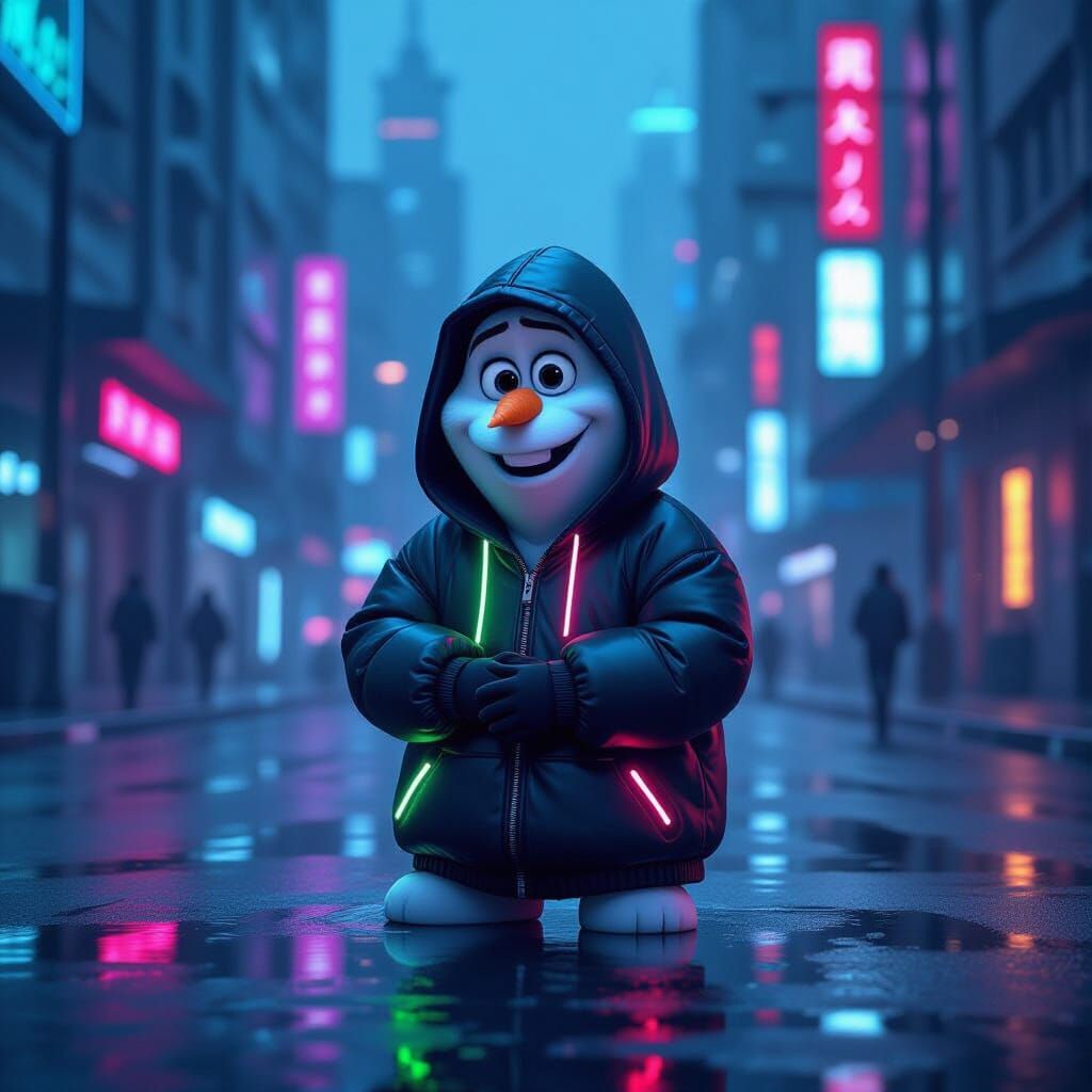 Olaf in Cyberpunk Cityscape Seeks a Hug