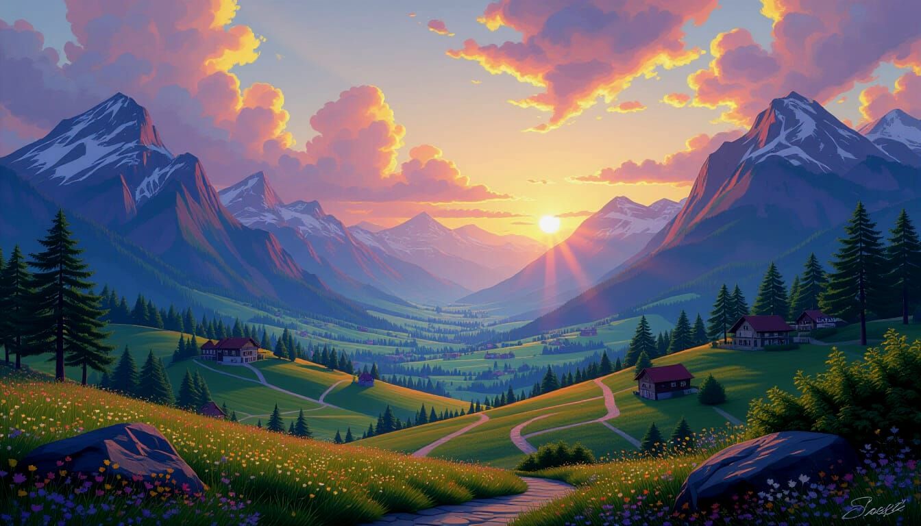 3D Elven Landscape in Psychedelic Vorticism Style