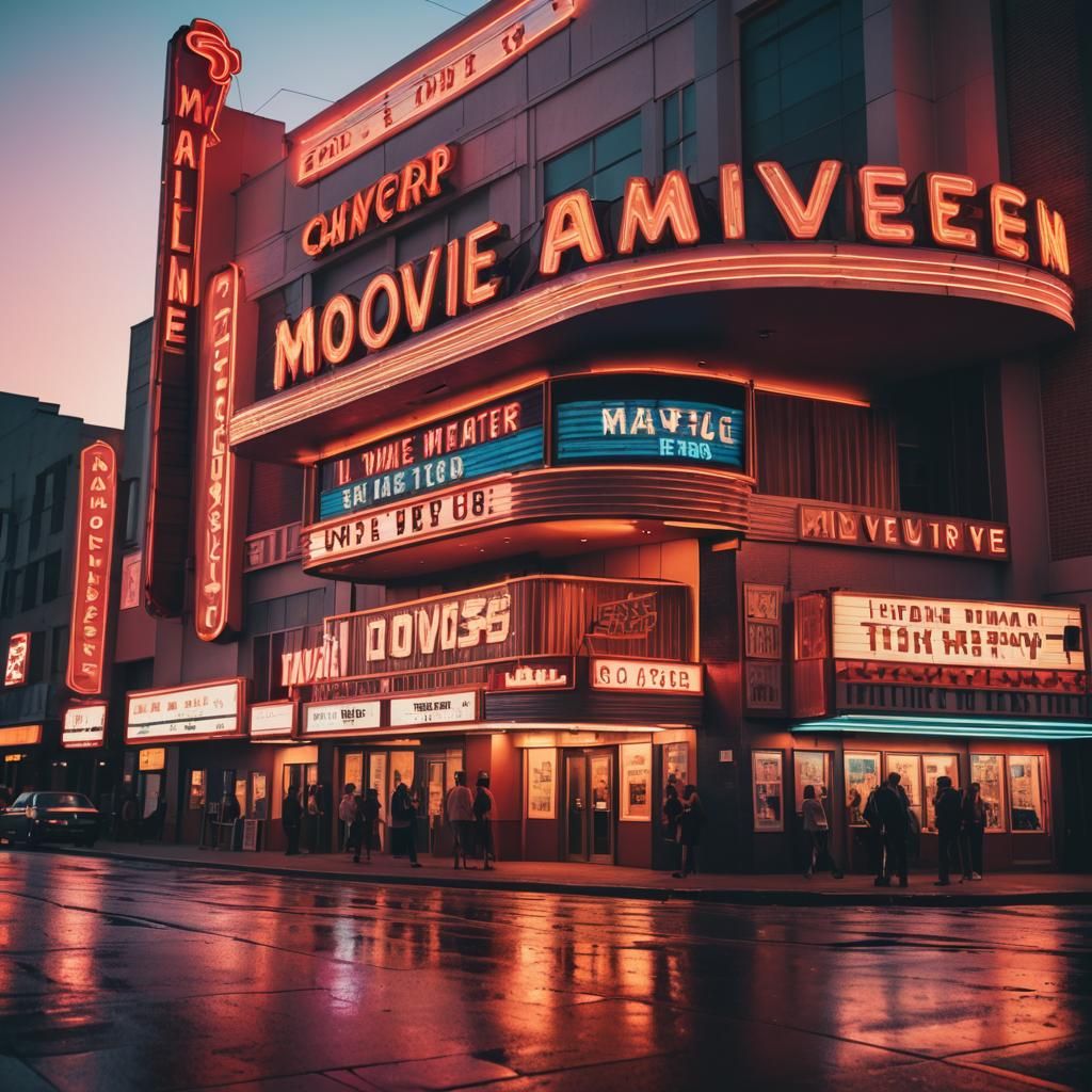 Retro-Futuristic 1950s Movie Theater Neon Art