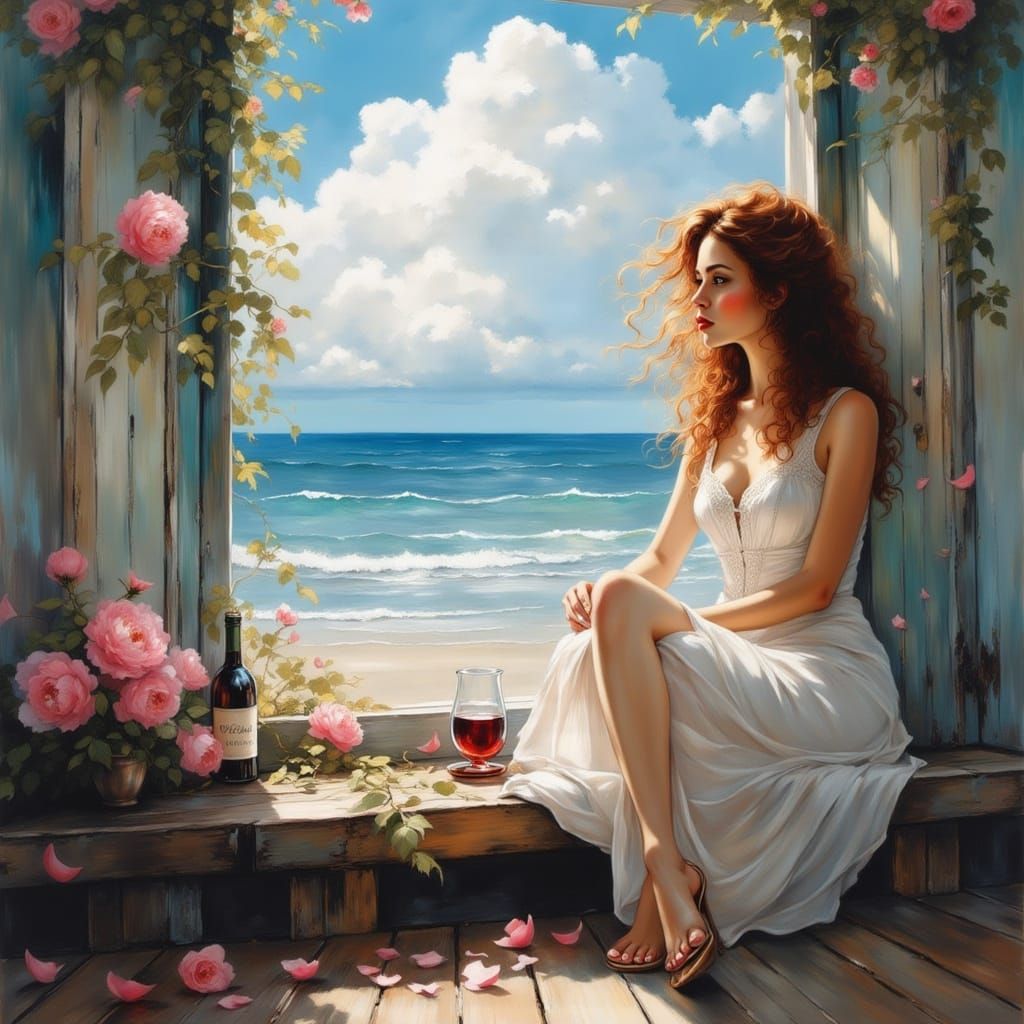 Impressionist Oil Painting Of Woman Gazing At Ocean Horizon