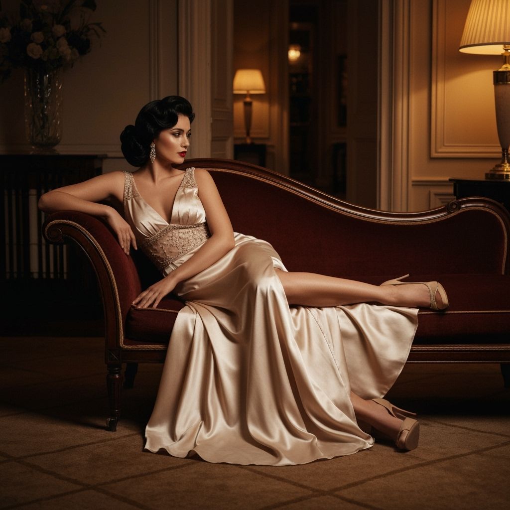 Elegant Woman in Vintage Gown on Velvet Chaise