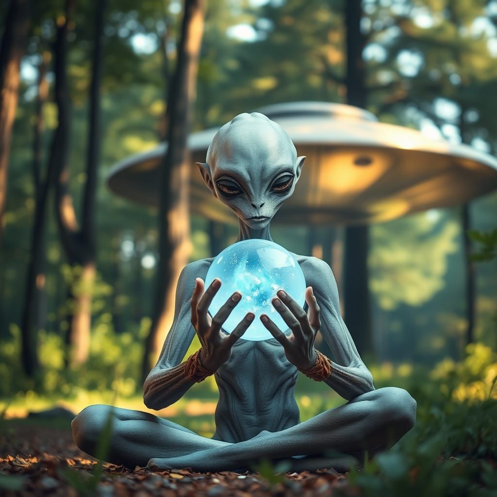 Serene Alien in Meditation with Glowing Orb