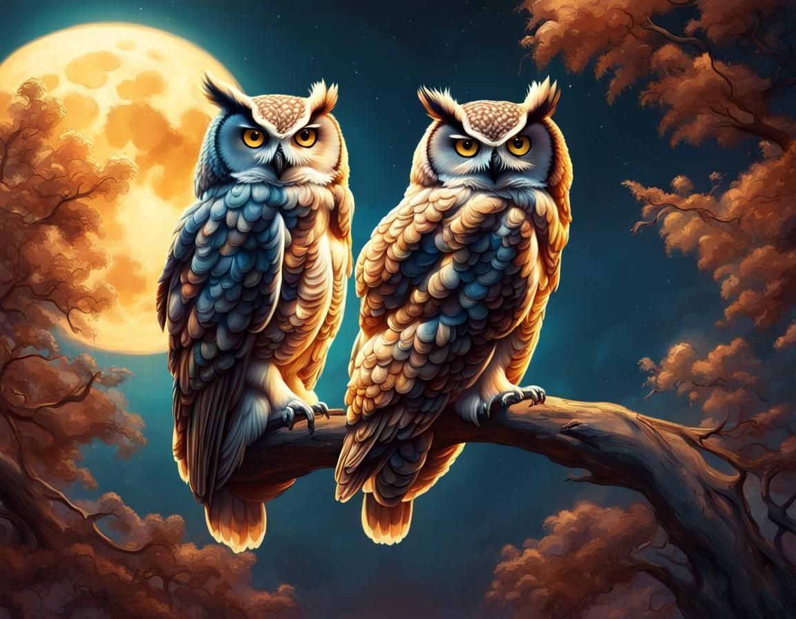 Hyperrealistic Owls on Branch in Moonlight