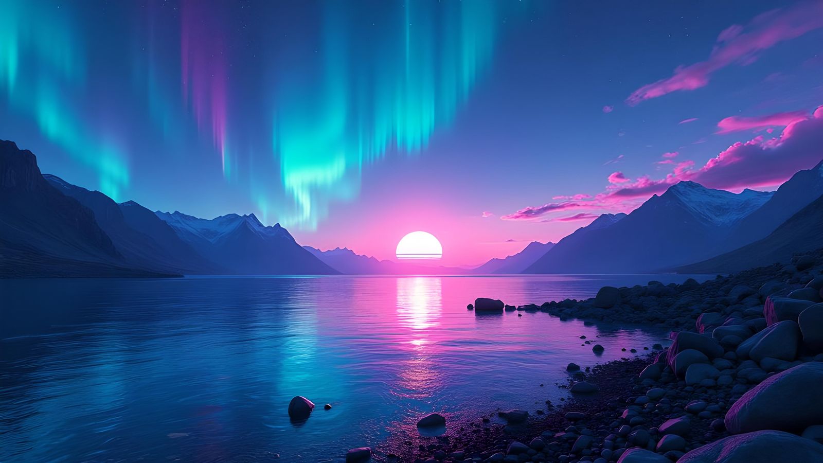 Aurora Borealis Reflections at Mountain Lake in Cyberpunk St...