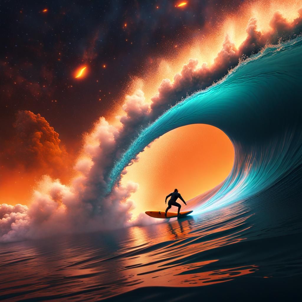 Surfing Through an Orange Galaxy: Detailed Concept Art