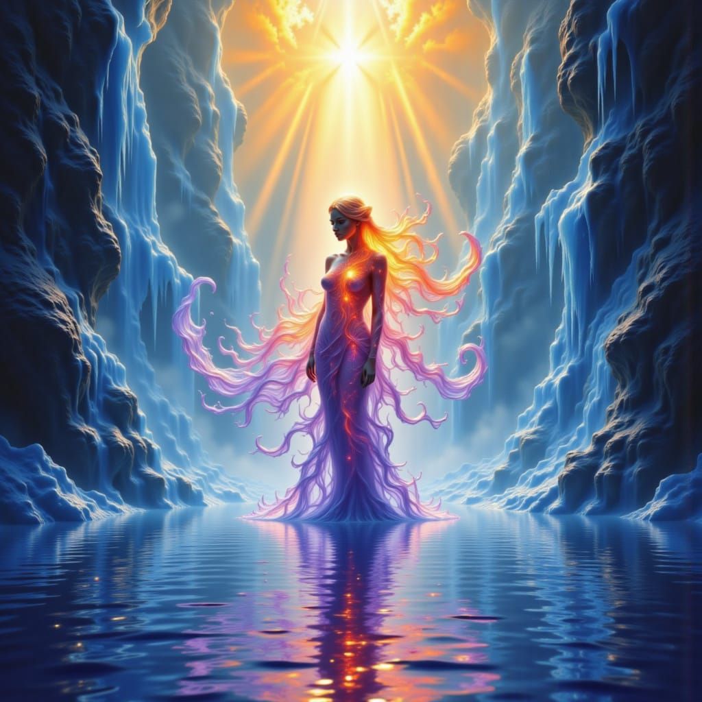 Ethereal Water Figure in Luminous Lightbeams
