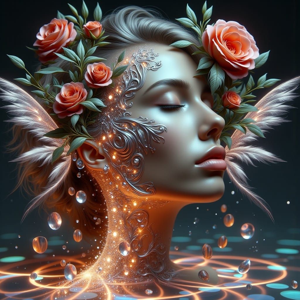 Psychedelic Woman with Wings and Roses