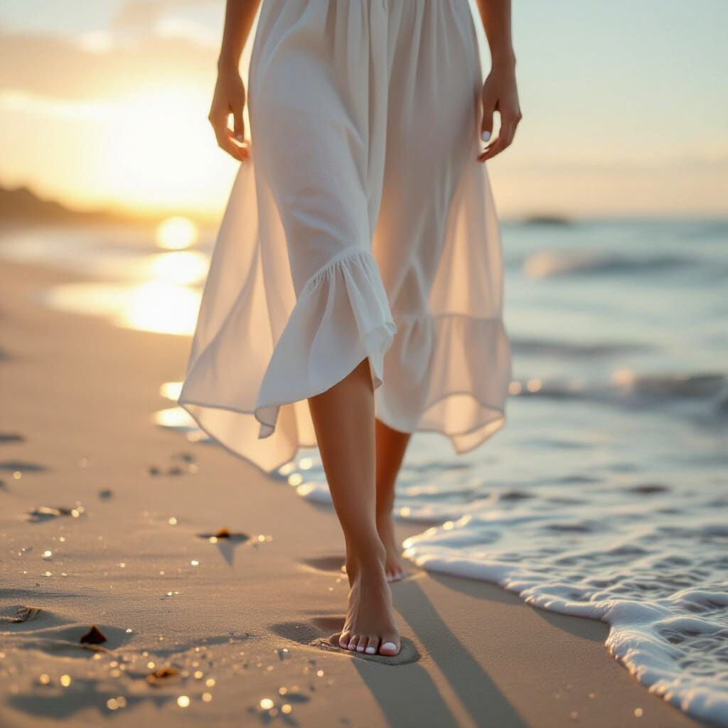 Woman in White Sundress on Golden Hour Beach