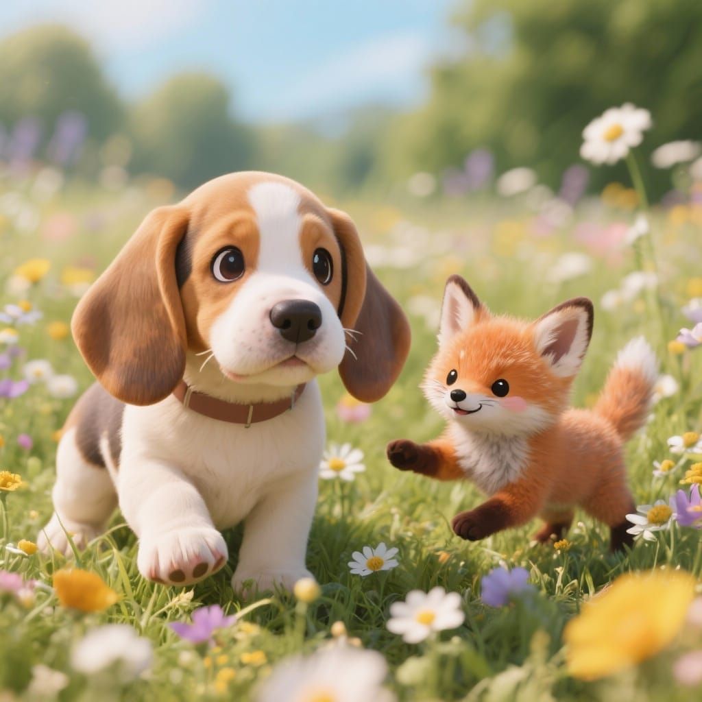 Kawaii Basset Hound Puppy and Fox Cub in Wildflower Field
