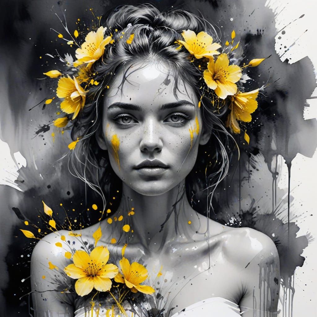 Enchanting Woman with Yellow Flowers, Sfumato Portrait