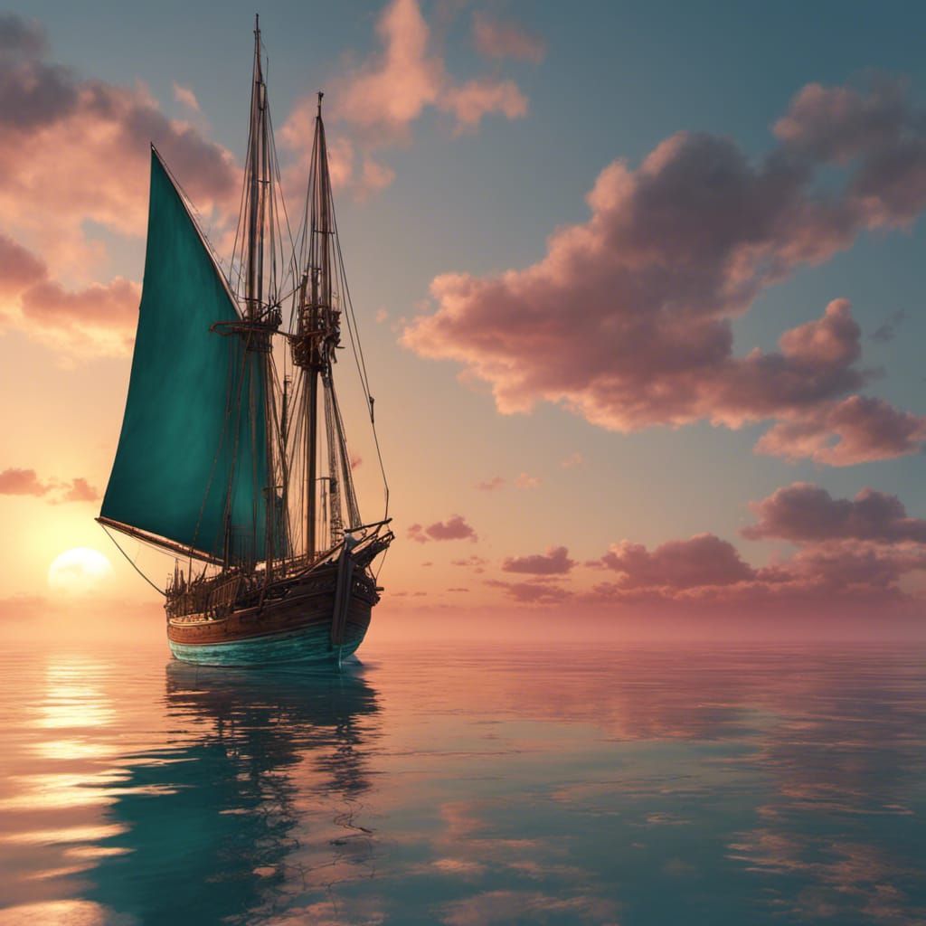 Schooner on Teal Sea at Sunset in Fantasy Art