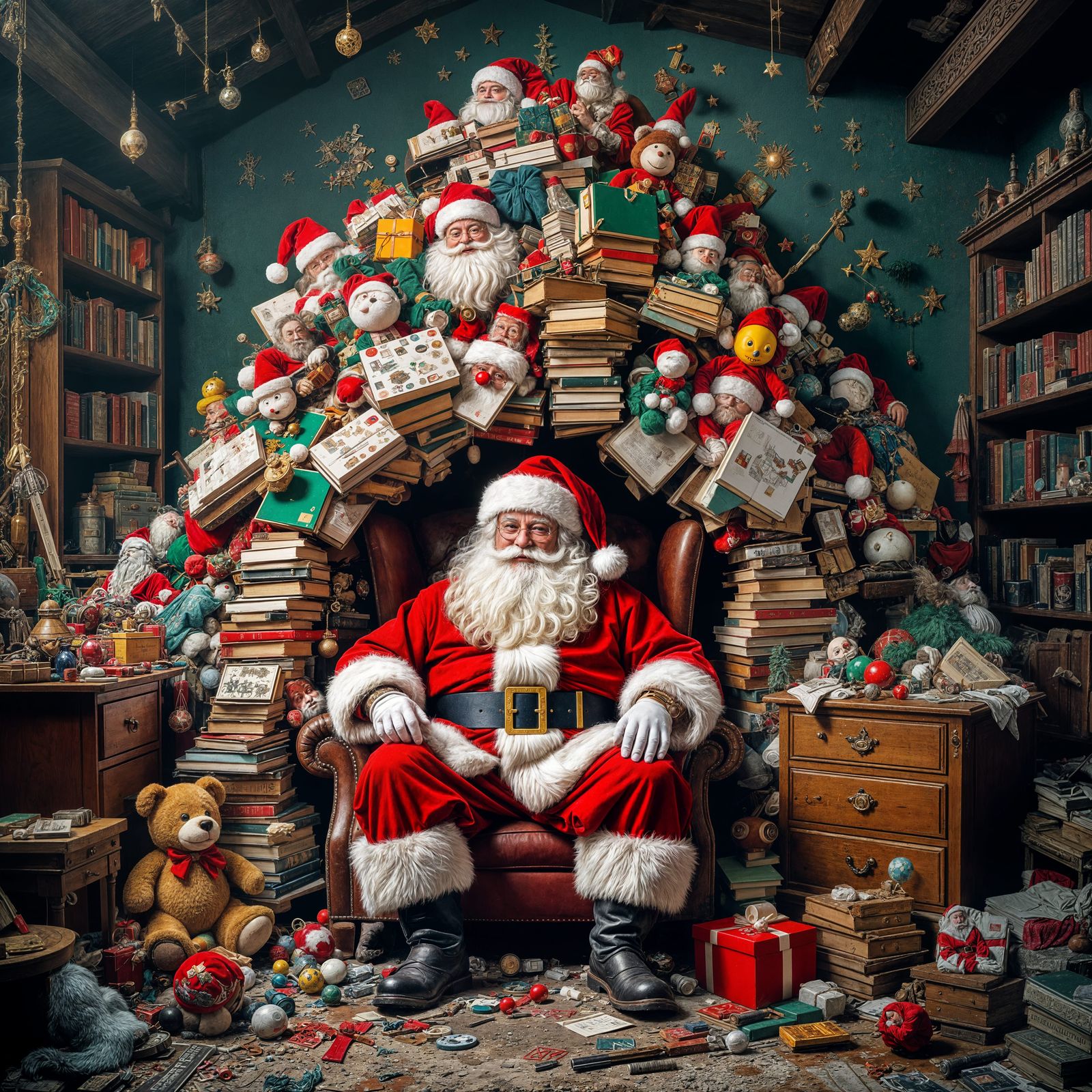 Santa Claus Amidst Cluttered Christmas Chaos