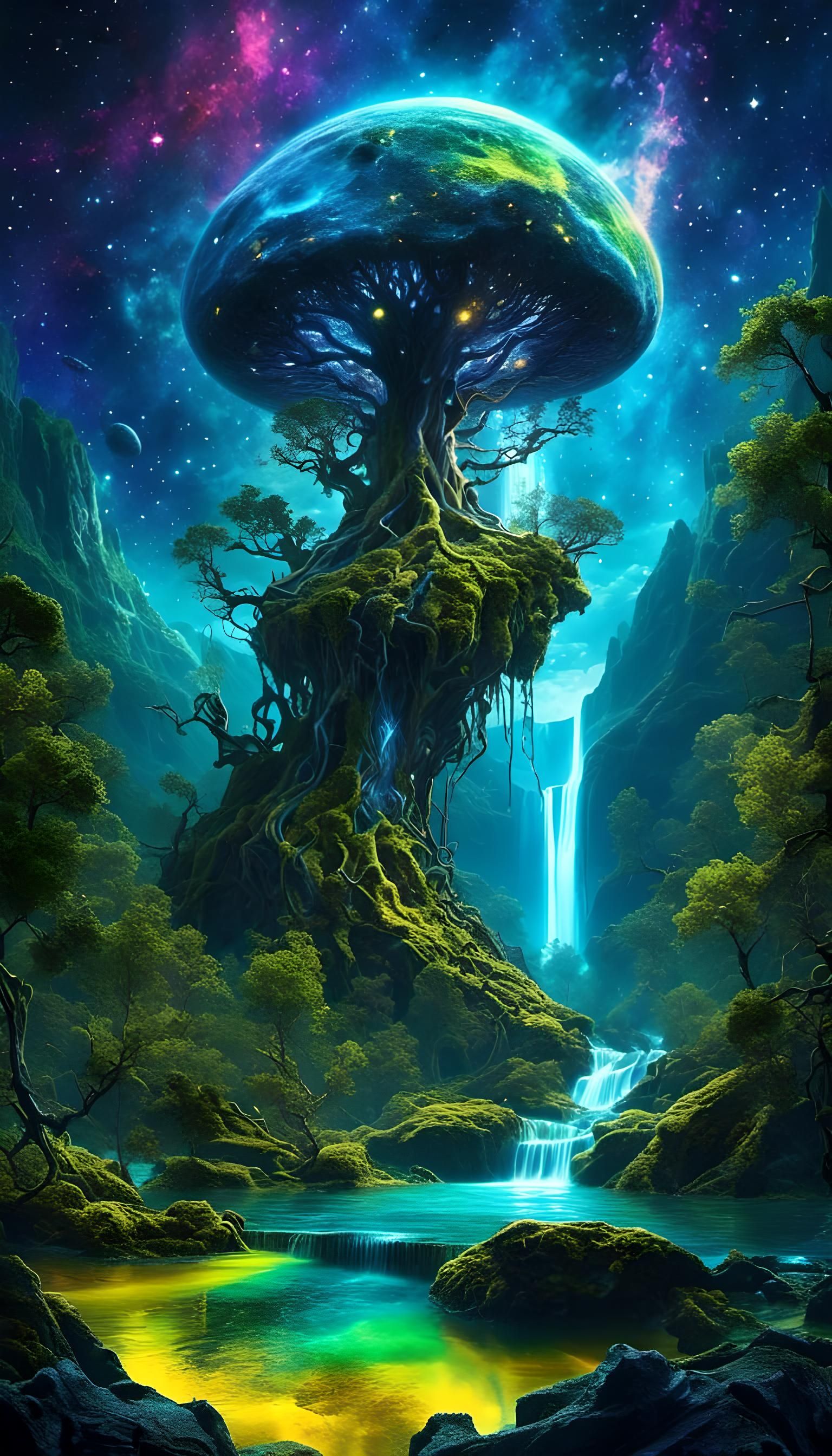 Alien River Valley at Night in Alcohol Ink Style