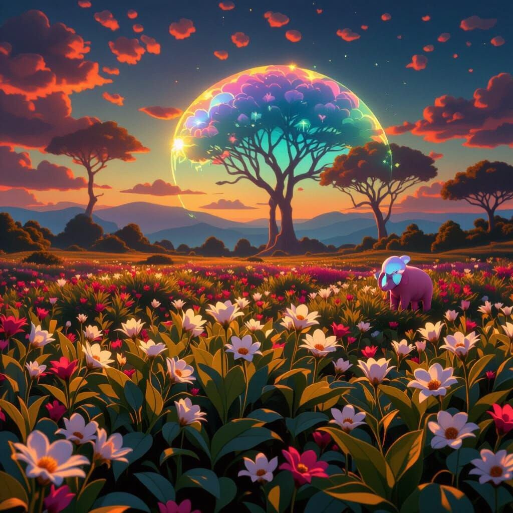 Baby Pink Elephant in Lush Forest, Digital Art