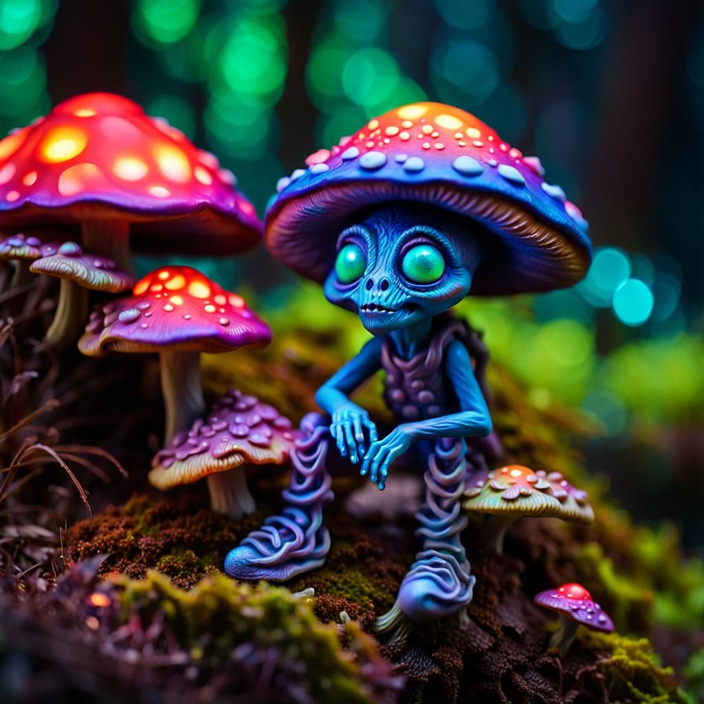 Detailed Polymer Clay Alien on Mushroom