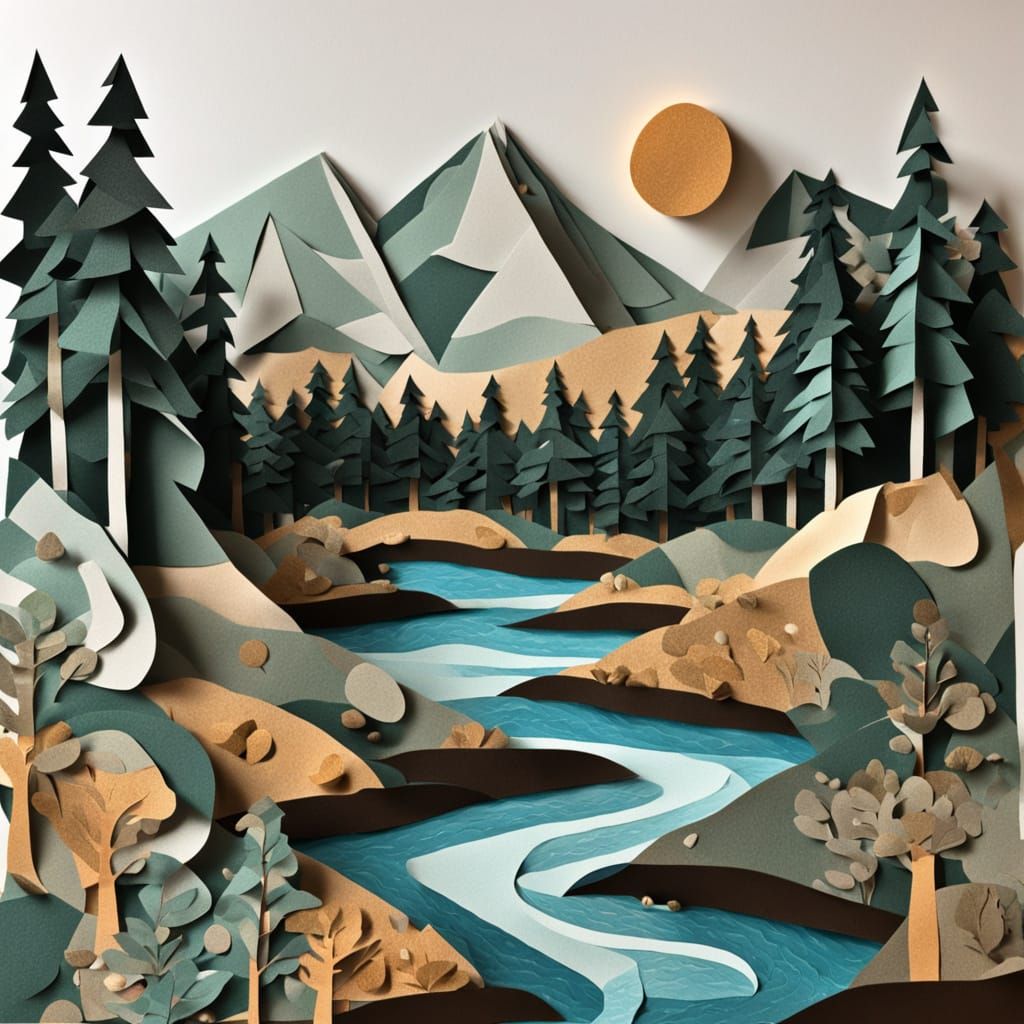 three dimensional paper collage art with 3d shading: pine tree forest below Rocky Mountain peaks: meandering stream with...