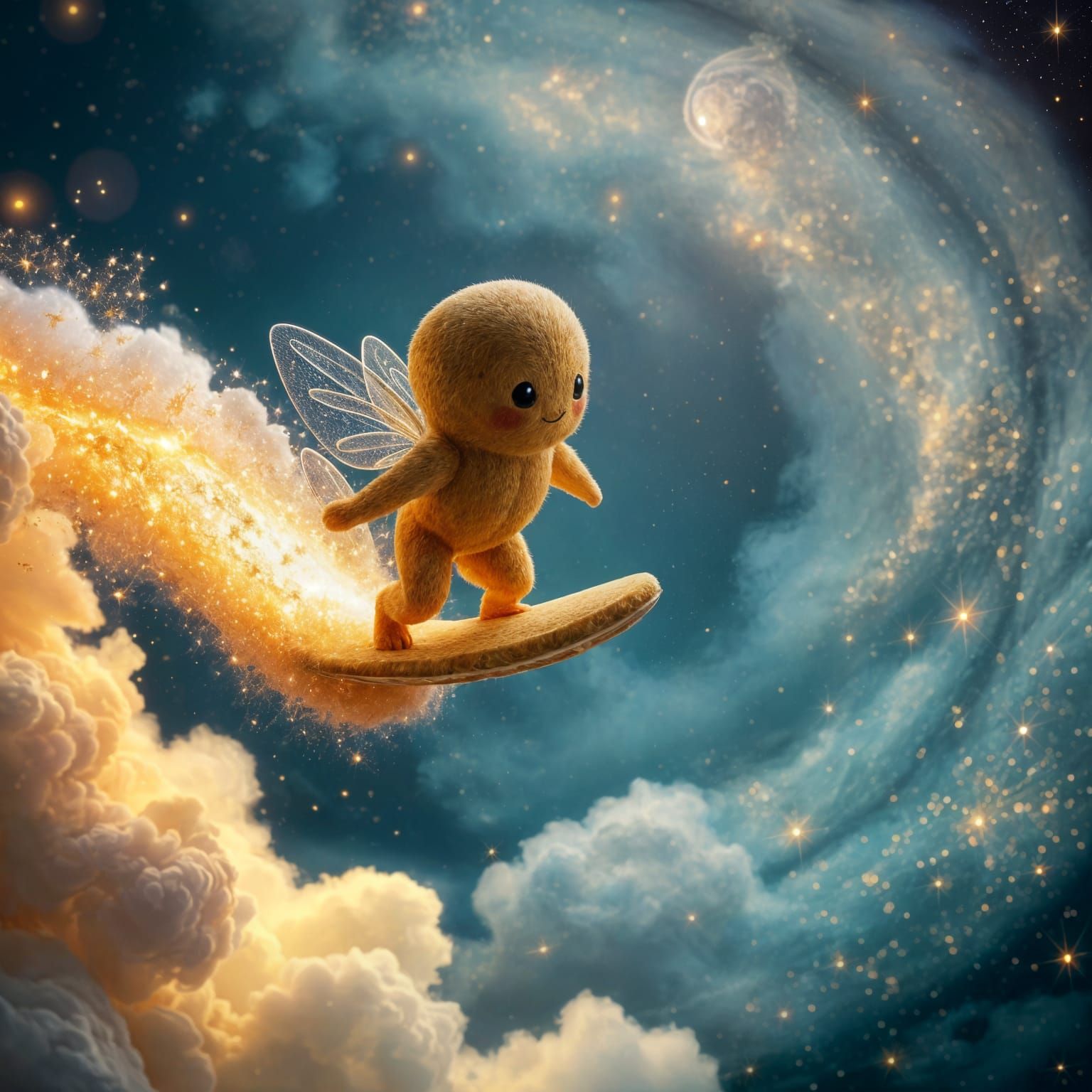 Surreal Cosmic Bread Surfer Rides Glowing Comet Tail
