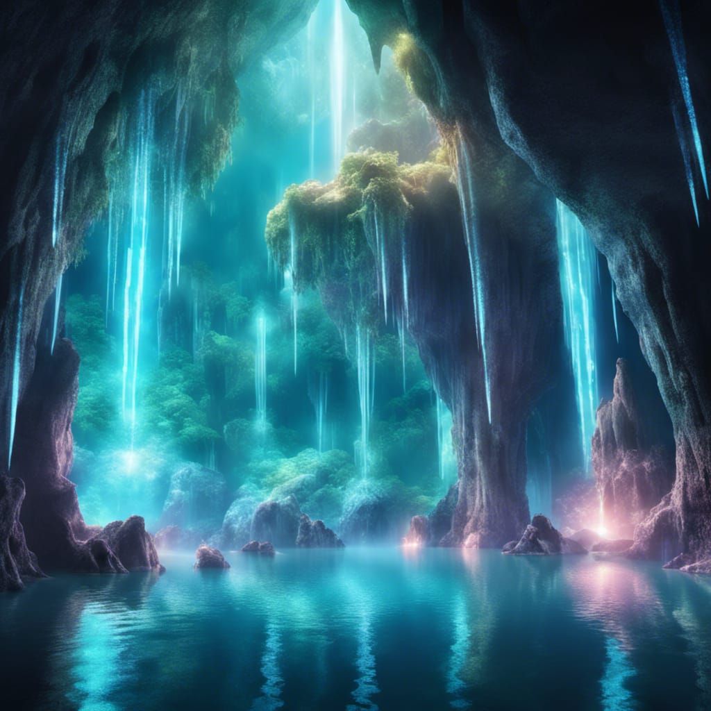 Ethereal Fantasy Cave with Sparkling Lake and Waterfall