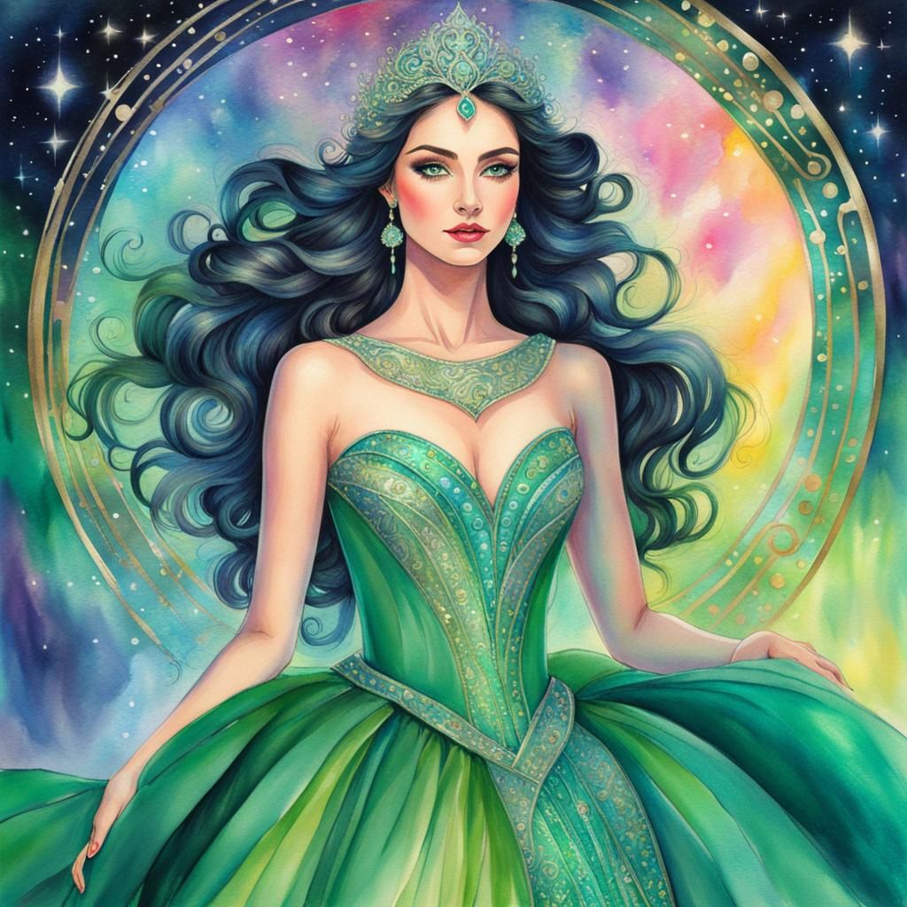 Mystical Watercolor Lady in Ballgown, Astral Colors