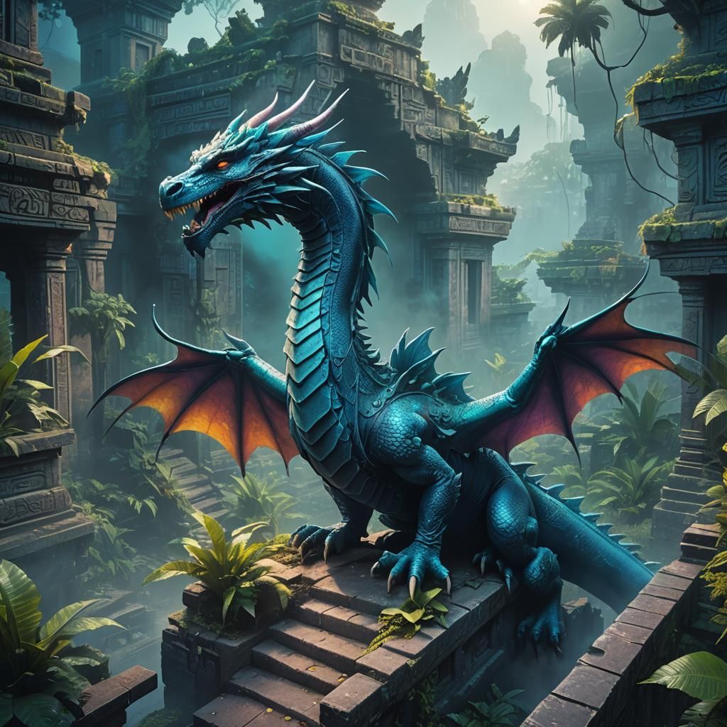 Neon Dragon Soars Through Aztec Ruins, Fantasy Art