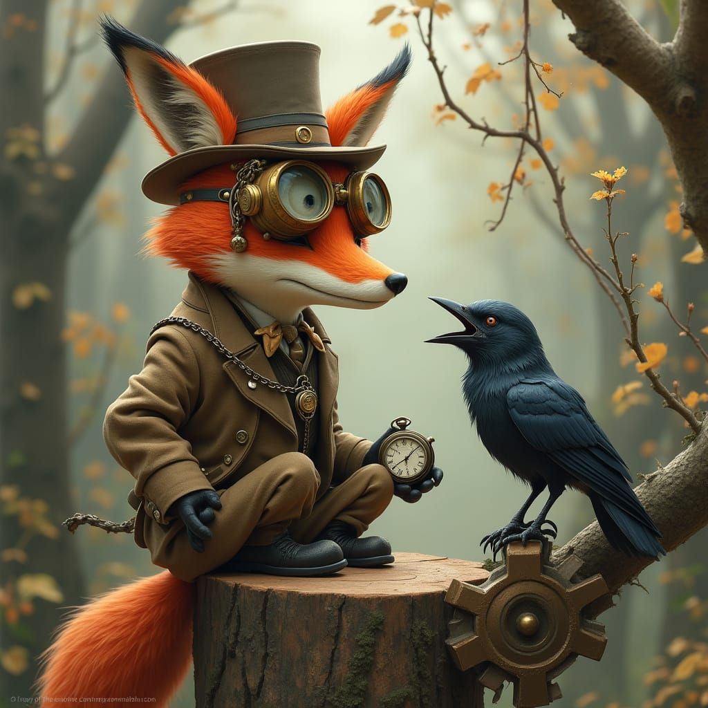 Steampunk Fox and Crow in Whimsical Victorian Setting